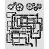 Black mechanical design with gears on a light gray background