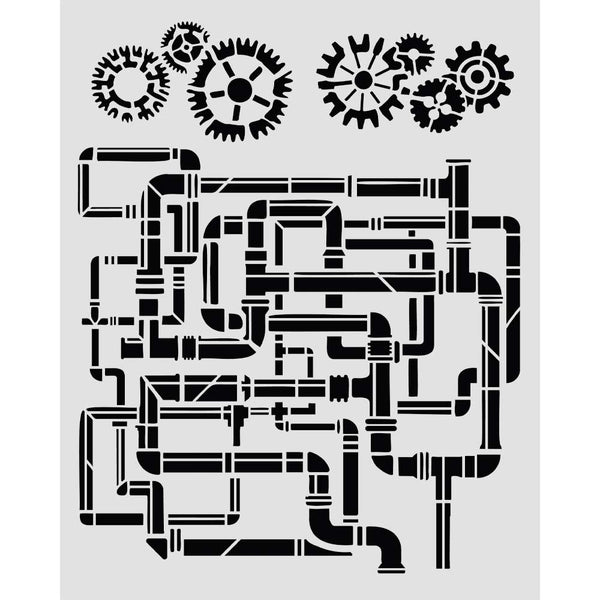 Black mechanical design with gears on a light gray background