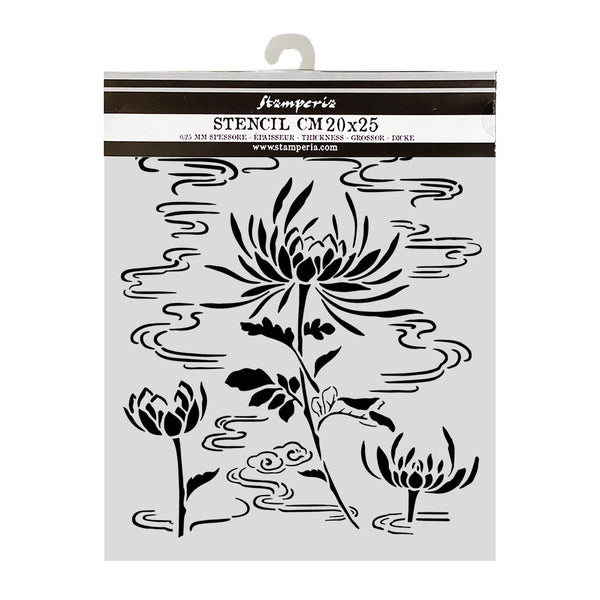 Floral stencil with 'Stamperie' branding on a white background