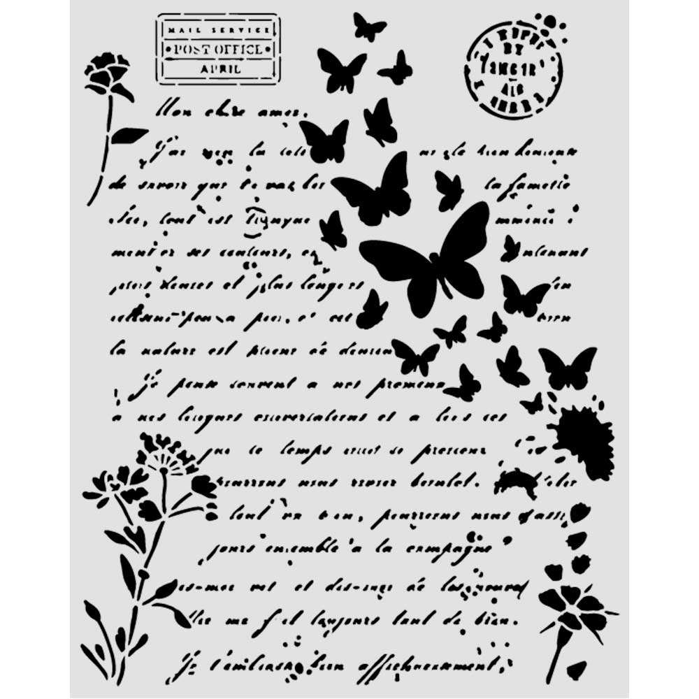 Stamperia FLOWERS and POEMS - LETTER and BUTTERFLIES Mixed Media Art Stencil 20x25 cm #KSTD220