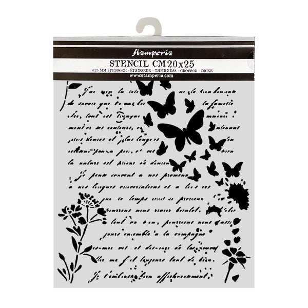 A packaged craft stencil with butterfly and floral silhouettes over a light gray sheet, hanging from a white hanger. The header card reads Stamperia and Stencil CM20x25.