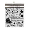 A packaged clear plastic stencil sheet with floral and script cutout designs, hanging from a white hanger. The header reads Stamperia and STENCIL CM20x25.