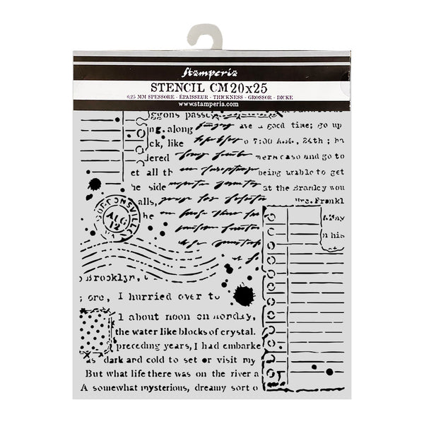 A package of Stamperia Stencil CM20x25, featuring a clear plastic sheet with black ink-style typographic and decorative stencils, hanging from a brown cardboard header.