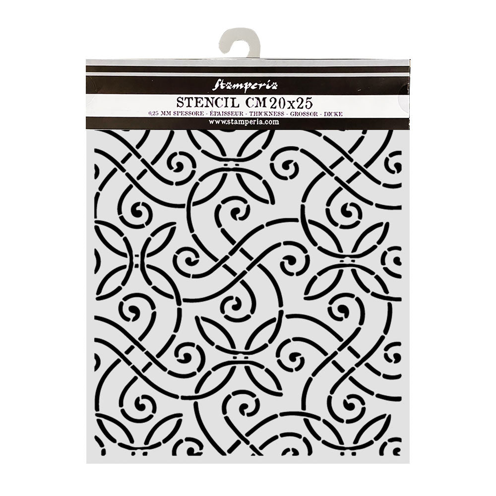 A packaged stencil with an ornate repeating scroll and floral pattern, shown on a plain white background. The header card reads Stamperia and STENCIL CM20x25.