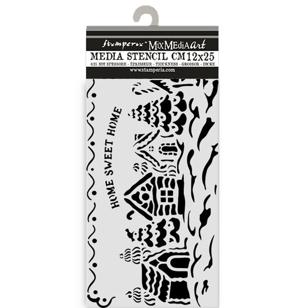 Stamperia Media Stencil with house design and text on a white background