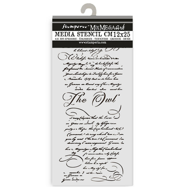 Stamperia Media Stencil with calligraphy design on a white background