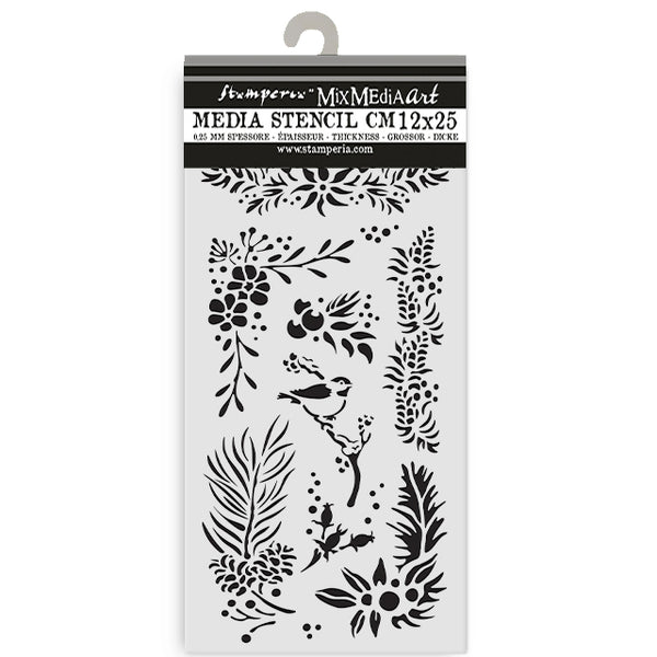 Media Stencil with floral and botanical designs on a white background