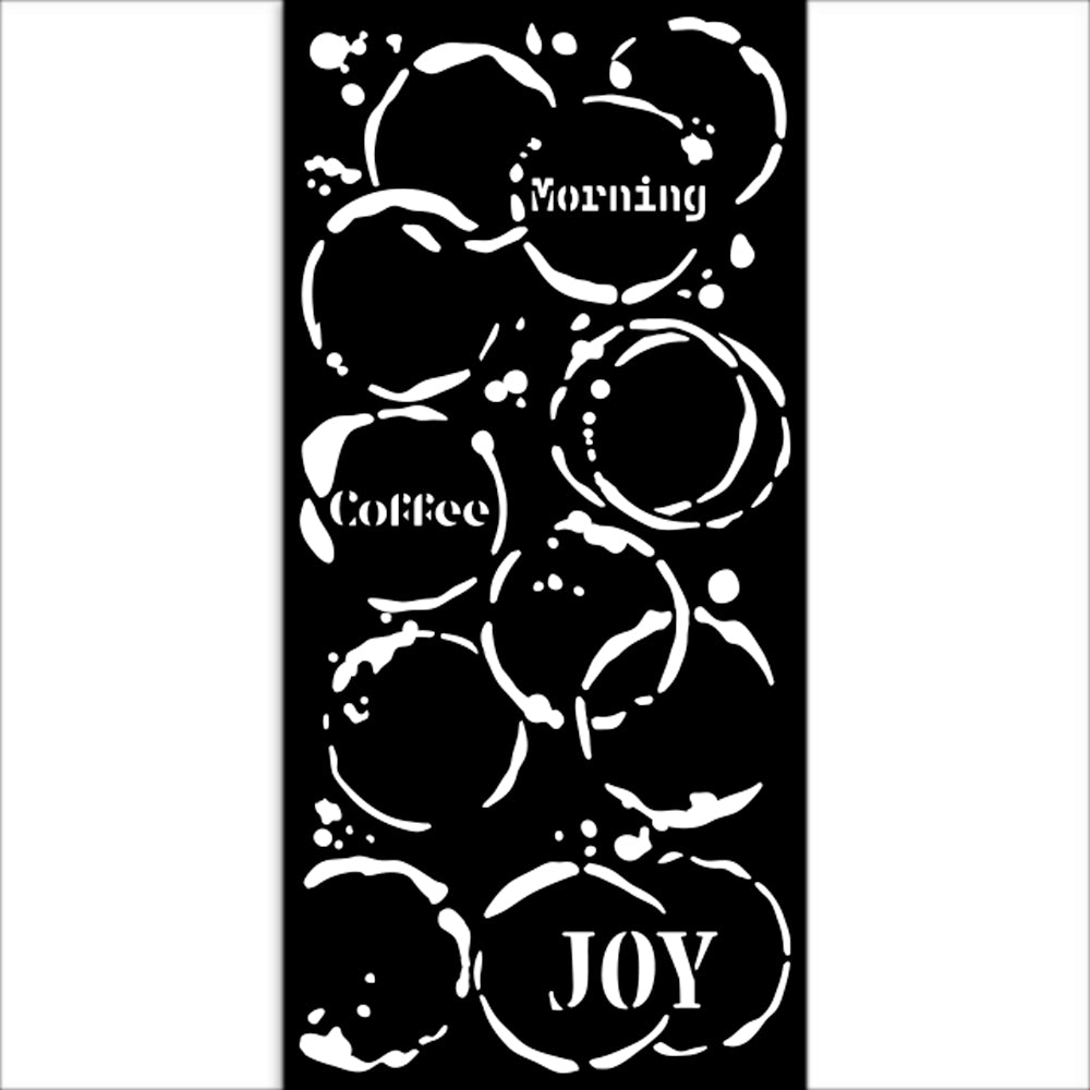 Decorative stencil with 'Morning Coffee Joy' text and bubble designs on a black background