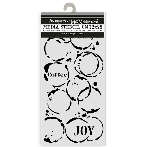 Stamperia Media Stencil with circular designs and text on a white background