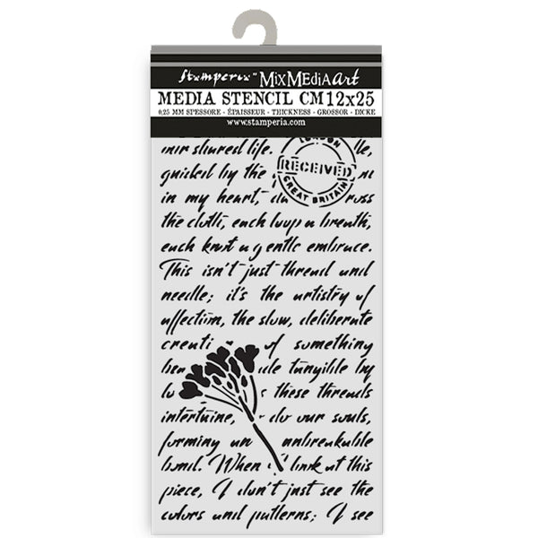 Stamperia Media Stencil with text and floral design on a white background