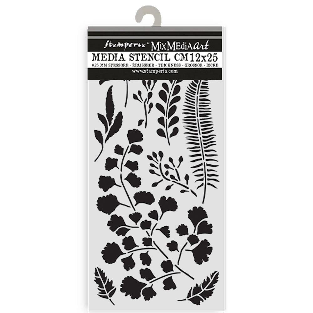 Stamperia Media Stencil with floral and leaf patterns on a white background