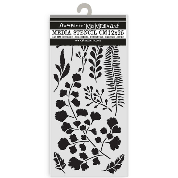 Stamperia Media Stencil with floral and leaf patterns on a white background