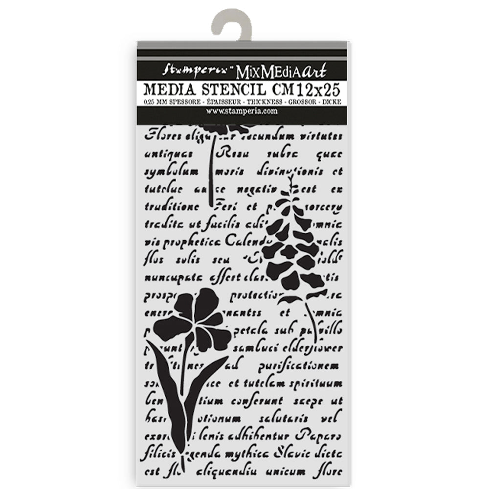 Stamperia Media Stencil with floral design and text on a white background