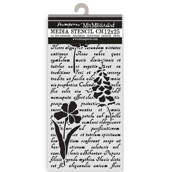 Stamperia Media Stencil with floral design and text on a white background