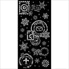 Decorative stencil with postal-themed designs and snowflakes on a black background