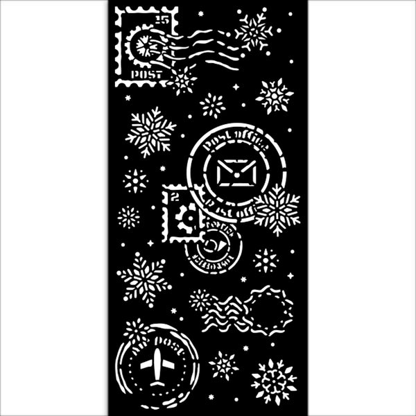 Decorative stencil with postal-themed designs and snowflakes on a black background