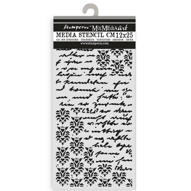 Stamperia Media Stencil with decorative patterns and text on a white background