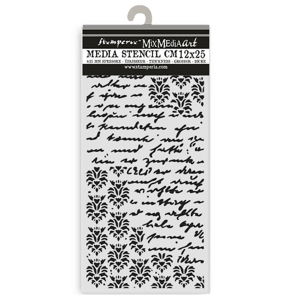Stamperia Media Stencil with decorative patterns and text on a white background
