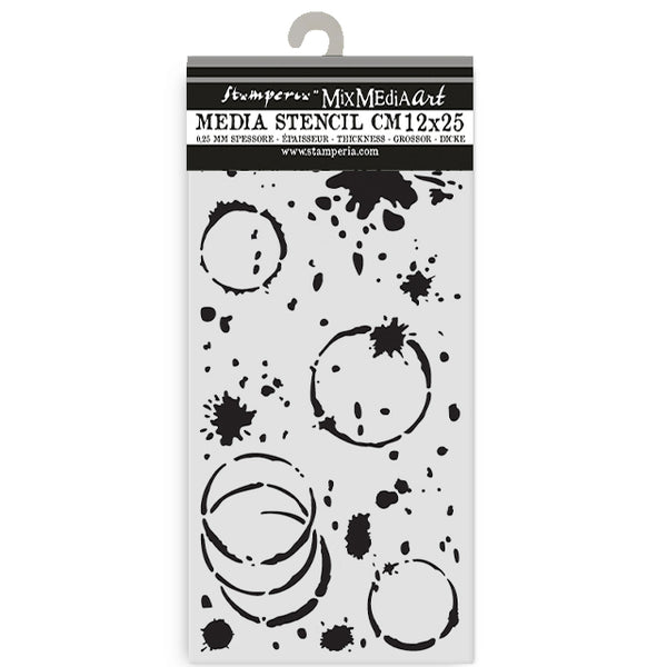 Stamper's Media Stencil with black circular and splatter patterns on a white background