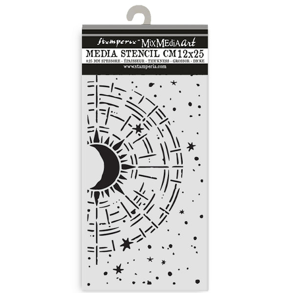 Stamperia Media Stencil with celestial design on a white background