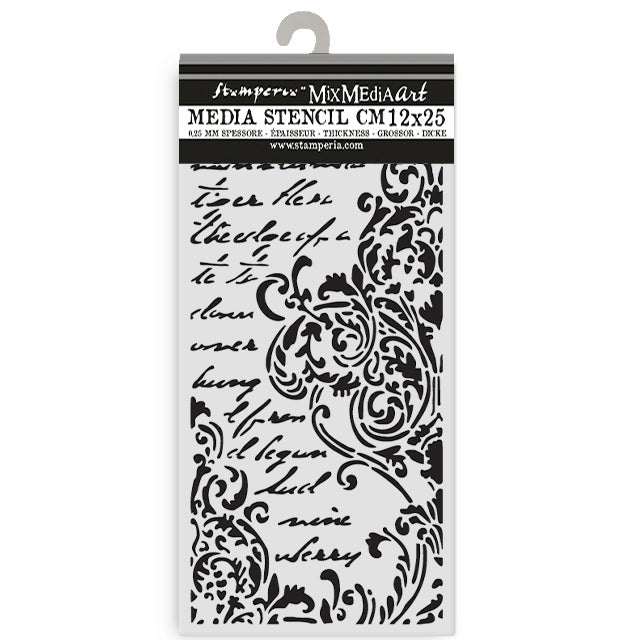 Stamperia Media Stencil with decorative design and text on a white background