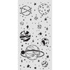 Stencil with space-themed designs including planets and stars on a white background