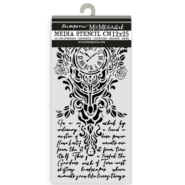 Stamperia Media Stencil with clock design and text on packaging