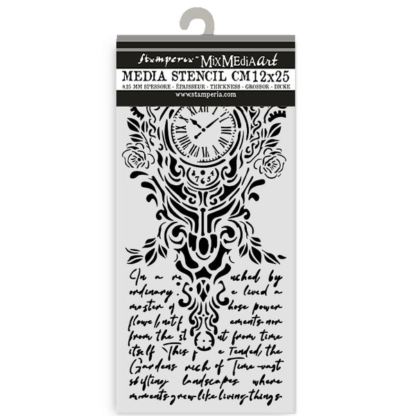 Stamperia Media Stencil with clock design and text on packaging