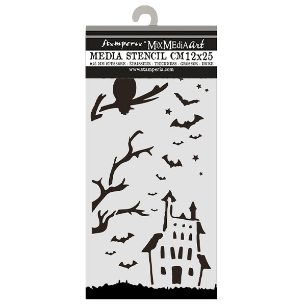 RE-ORDER / PRE-ORDER Stamperia HALLOWEEN - HOUSE and OWL Stencil 12X25 cm #KSTDL163
