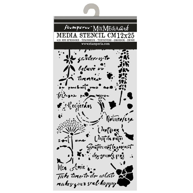 A packaged stamping media stencil sheet from Stamperia by Mix Media Art, featuring floral, script, and decorative stencil elements on a white backing card.