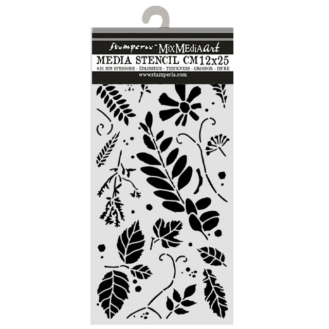 A packaged floral media stencil with botanical cutout designs on a white sheet, hanging from a gray hook against a white background. The header reads Stampex Mix Media Art Media Stencil CM12x25.