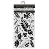 A packaged floral media stencil with botanical cutout designs on a white sheet, hanging from a gray hook against a white background. The header reads Stampex Mix Media Art Media Stencil CM12x25.