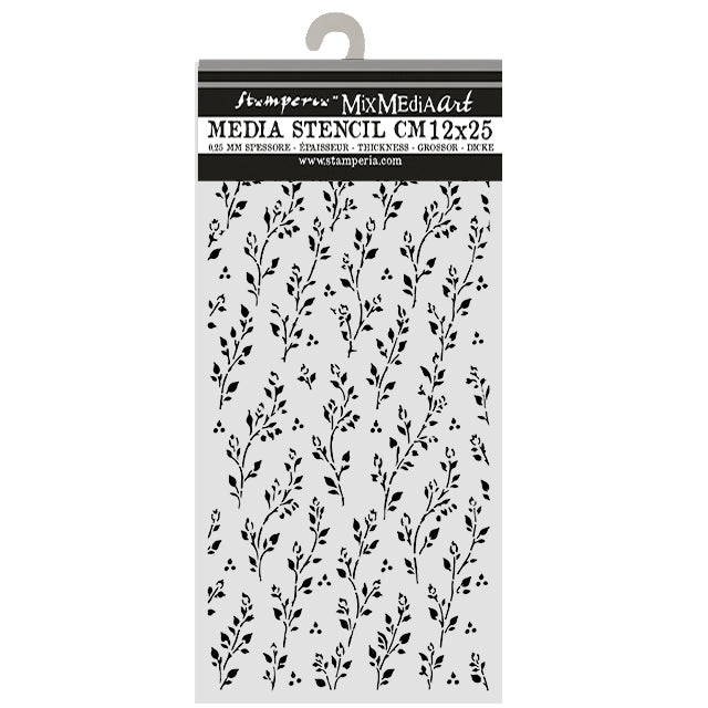 A packaged clear plastic media stencil with black floral and leaf stencils, hanging from a gray hook on a white background. The header card reads Stampex and Mix Media Art, Media Stencil CM12x25.
