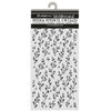 A packaged clear plastic media stencil with black floral and leaf stencils, hanging from a gray hook on a white background. The header card reads Stampex and Mix Media Art, Media Stencil CM12x25.