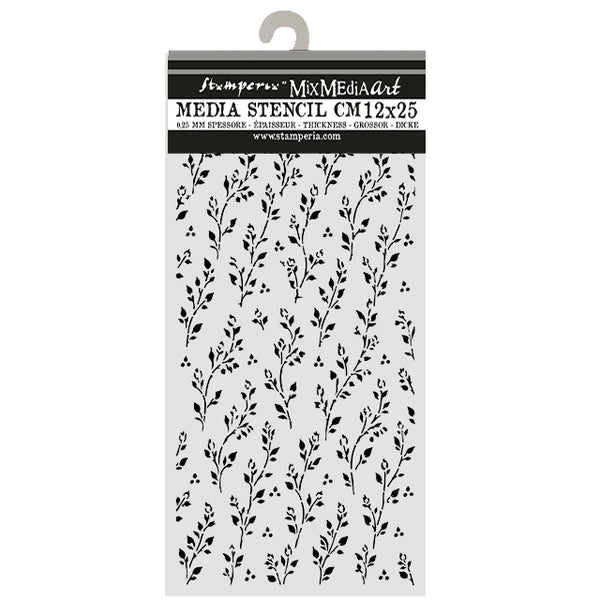 A packaged clear plastic media stencil with black floral and leaf stencils, hanging from a gray hook on a white background. The header card reads Stampex and Mix Media Art, Media Stencil CM12x25.