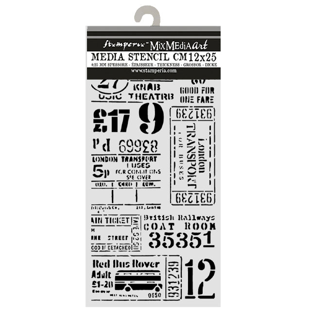 A hanging card of stencil templates from Stampex, featuring various vintage ticket and letter designs on a white background.