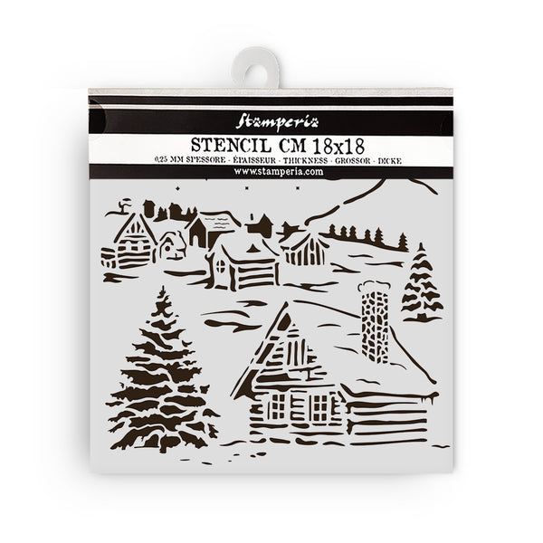 Stamperia stencil with winter village design on a white background