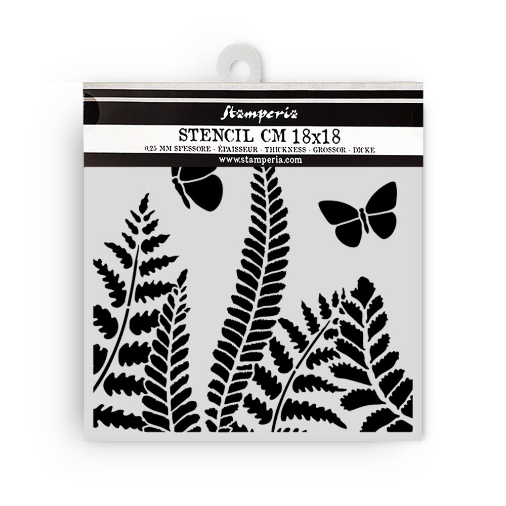 Stamperia stencil with fern and butterfly designs on a white background