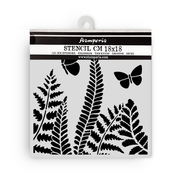 Stamperia stencil with fern and butterfly designs on a white background