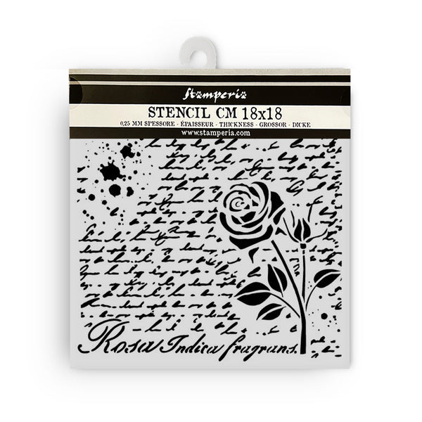 Stamperia ROSE PARFUM MANUSCRIPT WITH ROSE Best Sellers Mixed Media Stencil 18x18 cm #KSTDQ77