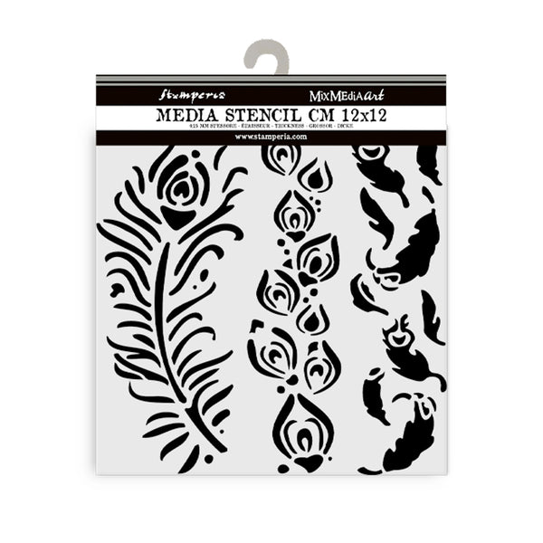 PRE-ORDER Stamperia MASQUERADE - FEATHERS Stencil 12X12 cm #KSTDS13