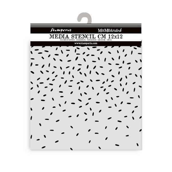 Stamperia media stencil with black dot pattern on white background