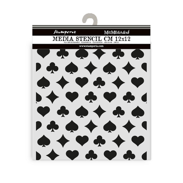 Stamperia media stencil with black geometric patterns on a white background