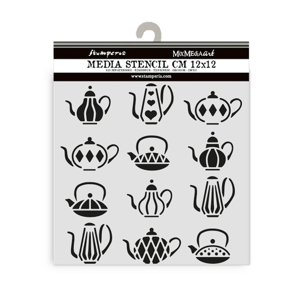 Stamperia ALICE in CHRISTMAS - TEA POTS Stencil 12X12 cm #KSTDS56