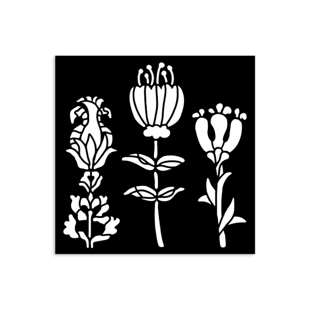 Black square with white floral illustrations on a white background