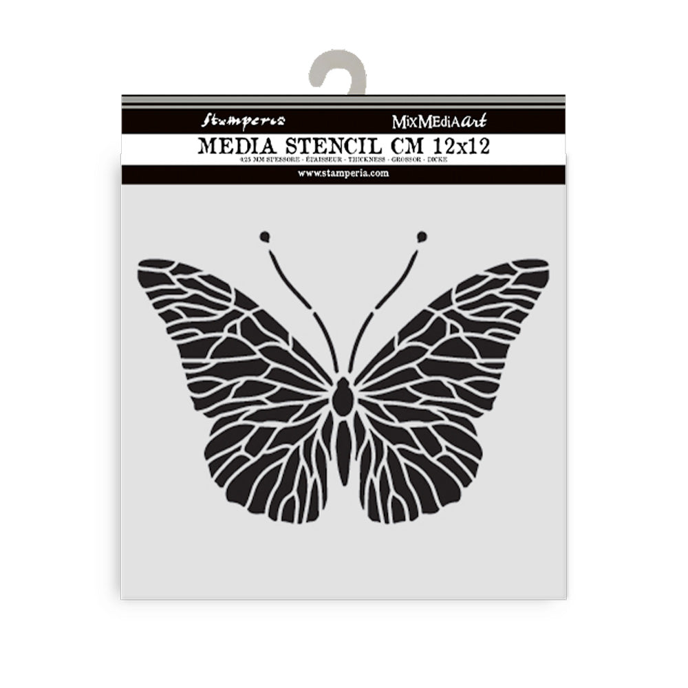 Butterfly stencil with 'Stamperia' branding on a white background