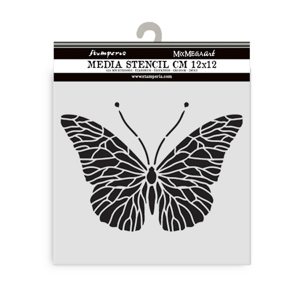 Butterfly stencil with 'Stamperia' branding on a white background