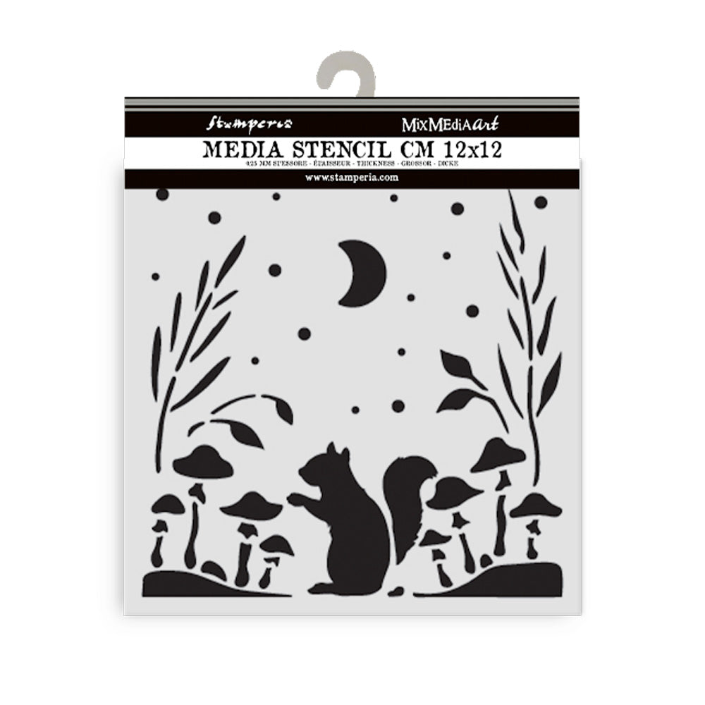 Stamperia media stencil with a squirrel design on a white background