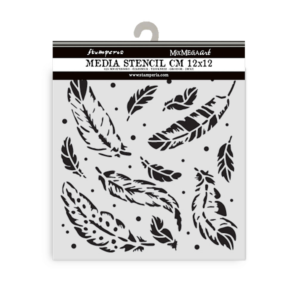 Stamperia feather-themed media stencil with packaging on a white background