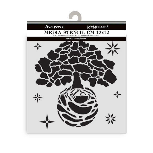 Stamperia Media Stencil with tree and moon design on a white background